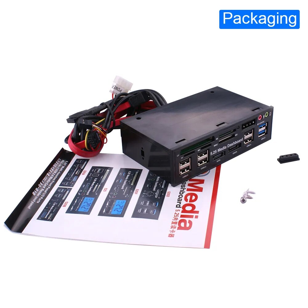 DeepFox Multifuntion 5.25 Media Dashboard Card Reader USB 2.0 USB 3.0 20 Pin e-SATA SATA Front Panel for Optical Drives Bay. 