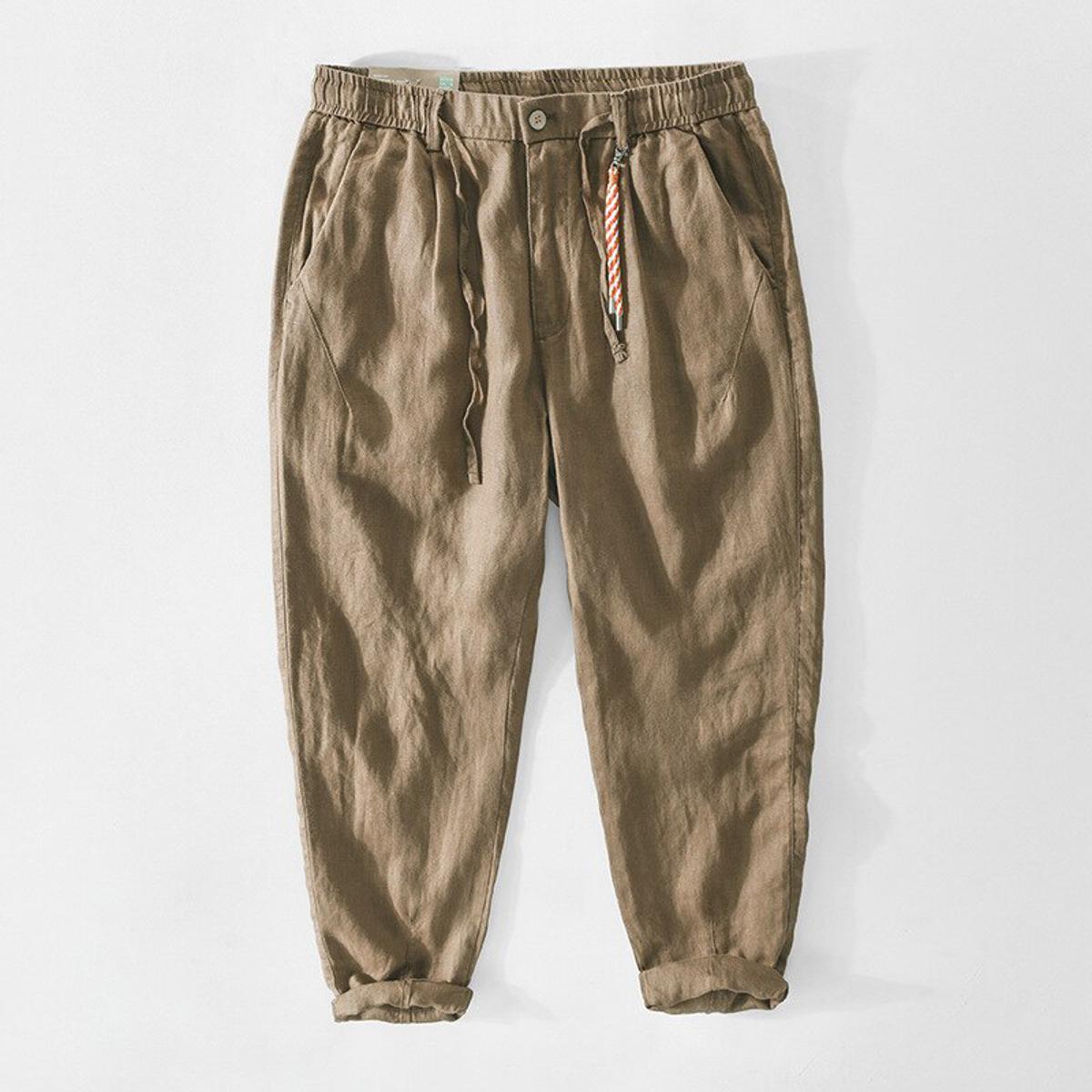 Spring Summer New Pure Linen Men Pants Thin Breathable  Made Casual Retro Khaki Green Trousers GA-Z356