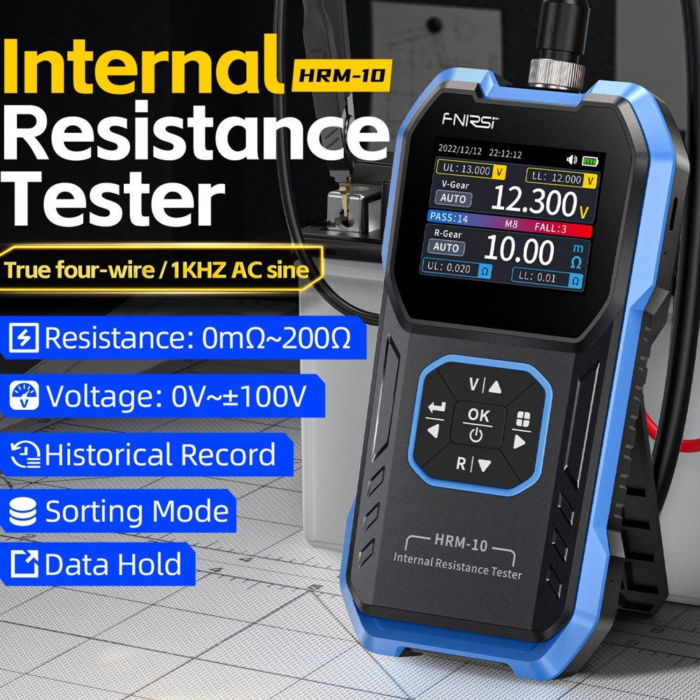 HRM-10 Portable Versatile 4-Wire Battery Tester Accurate Internal Resistance Voltage Measurement Device TFT Display with Sorting Data Hold and Export Functions for Various Battery Types