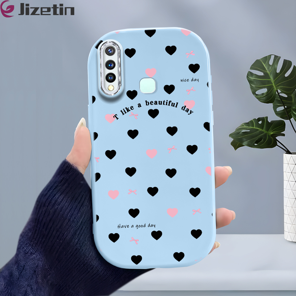 Jizetin for Vivo Y19 Back Cover Black Heart Shape Bright Lens Frame Candy Soft Rubber Phone Cases