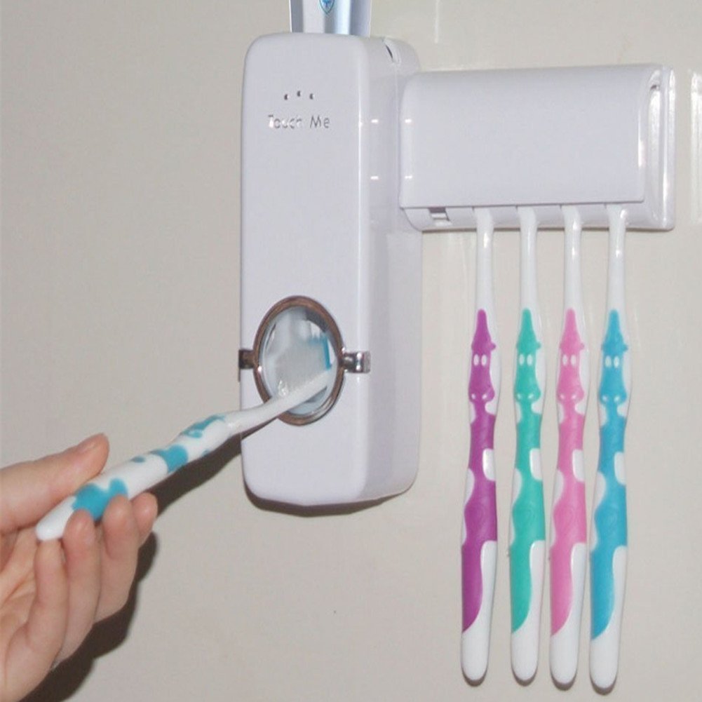 Automatic Toothpaste Dispenser and Brush Holder Set White. 