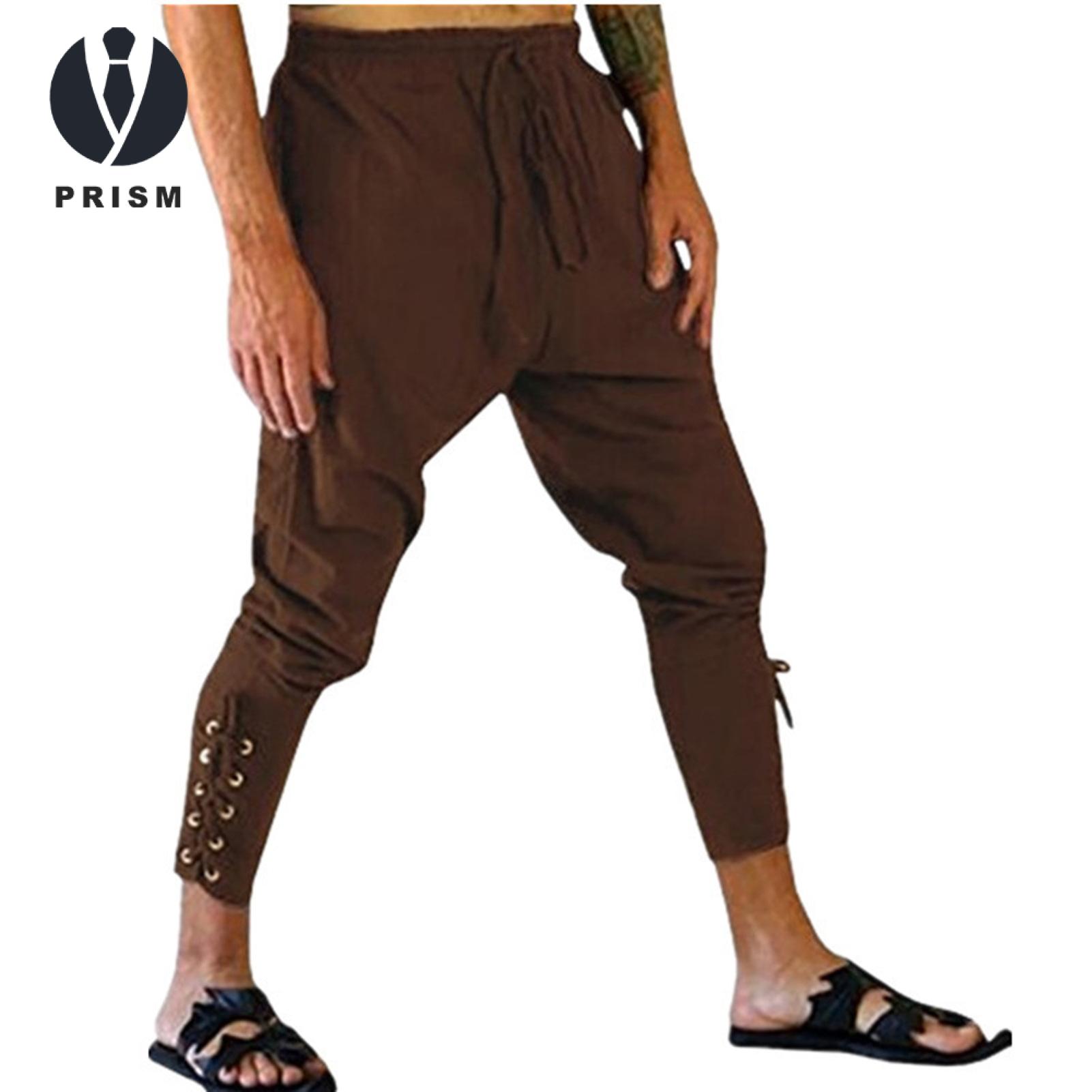 Prism Men Solid Color Leggings Men's Medieval Viking Pirate Ankle-banded Lace-up Pants Elastic Waist Cosplay Costume Trousers Men Casual Pants. 