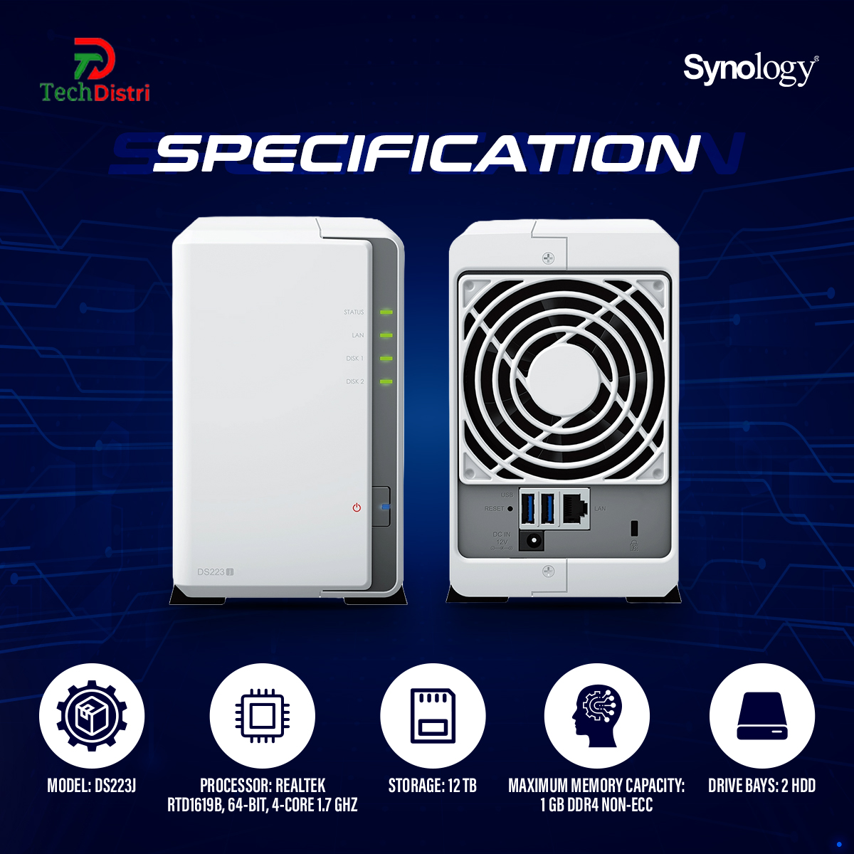 Synology DS223j NAS, 2-Bay DiskStation , Realtek RTD1619B 64-bit, 4-core 1.7 GHz. 