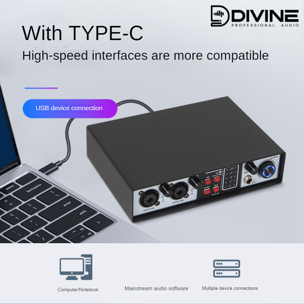 2 in 2 Out USB Audio Interface 32Bit/384KHZ Studio Parts Recording Sound Card 48V Phantom. 