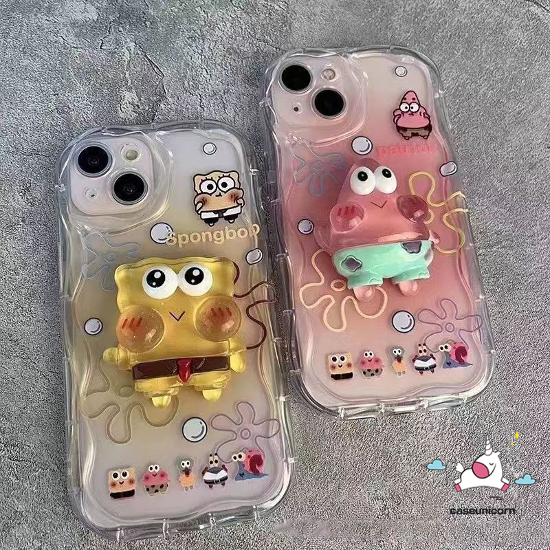 Spongebob Patrick Star 3D Steric Doll Stand Case Compatible For Redmi 12 A1 9A 9T 12C 10 10C 9 10A A2 9C NFC Note 12 10 10s 8 9 11 11s Pro Max Poco M3 Mi 11 12 Lite 3D Wavy Curved Edge Couples Cover