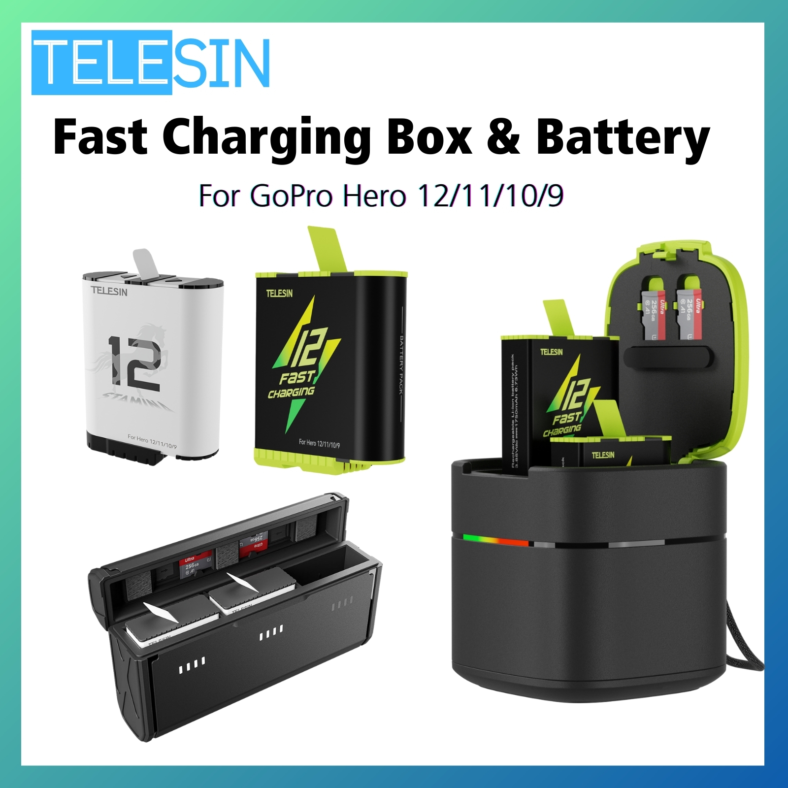 TELESIN For GoPro Hero 10 11 12 Fast Charging Box Case Charger Enduro Stamina Battery For Go Pro Hero 9 12 11 10 Power Accessory