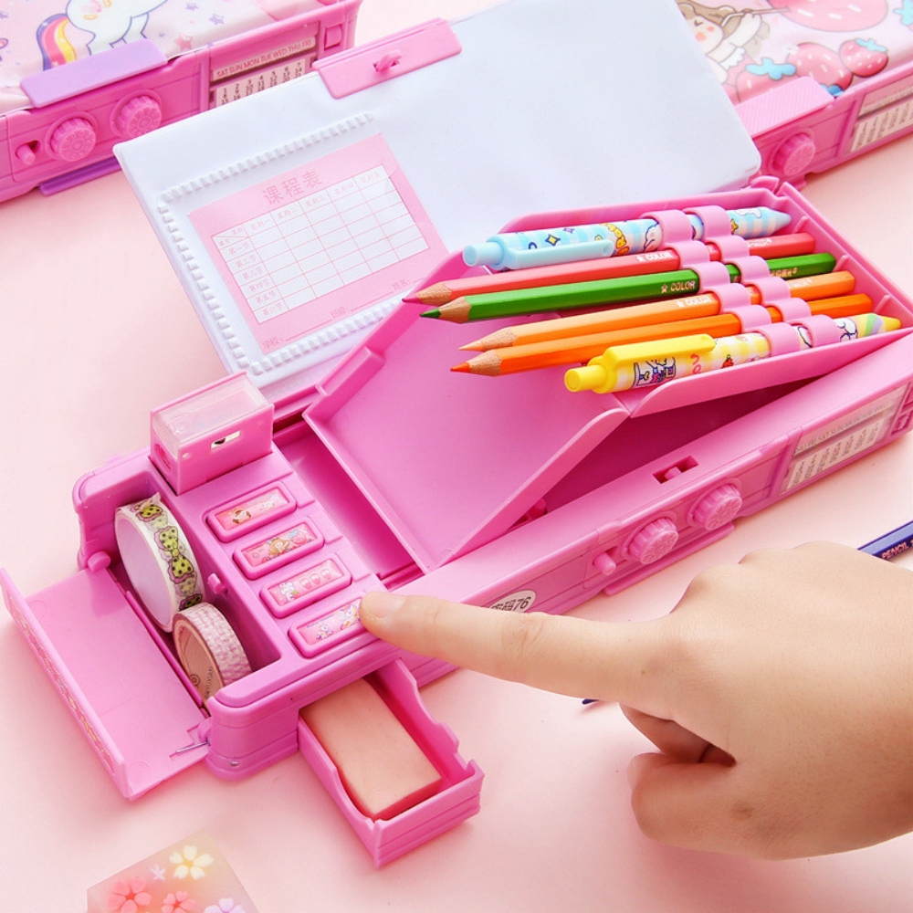 Mechanical Deformable cute pencil case with pen insert multifunctional key switch cartoon plastic school stationery storage box. 