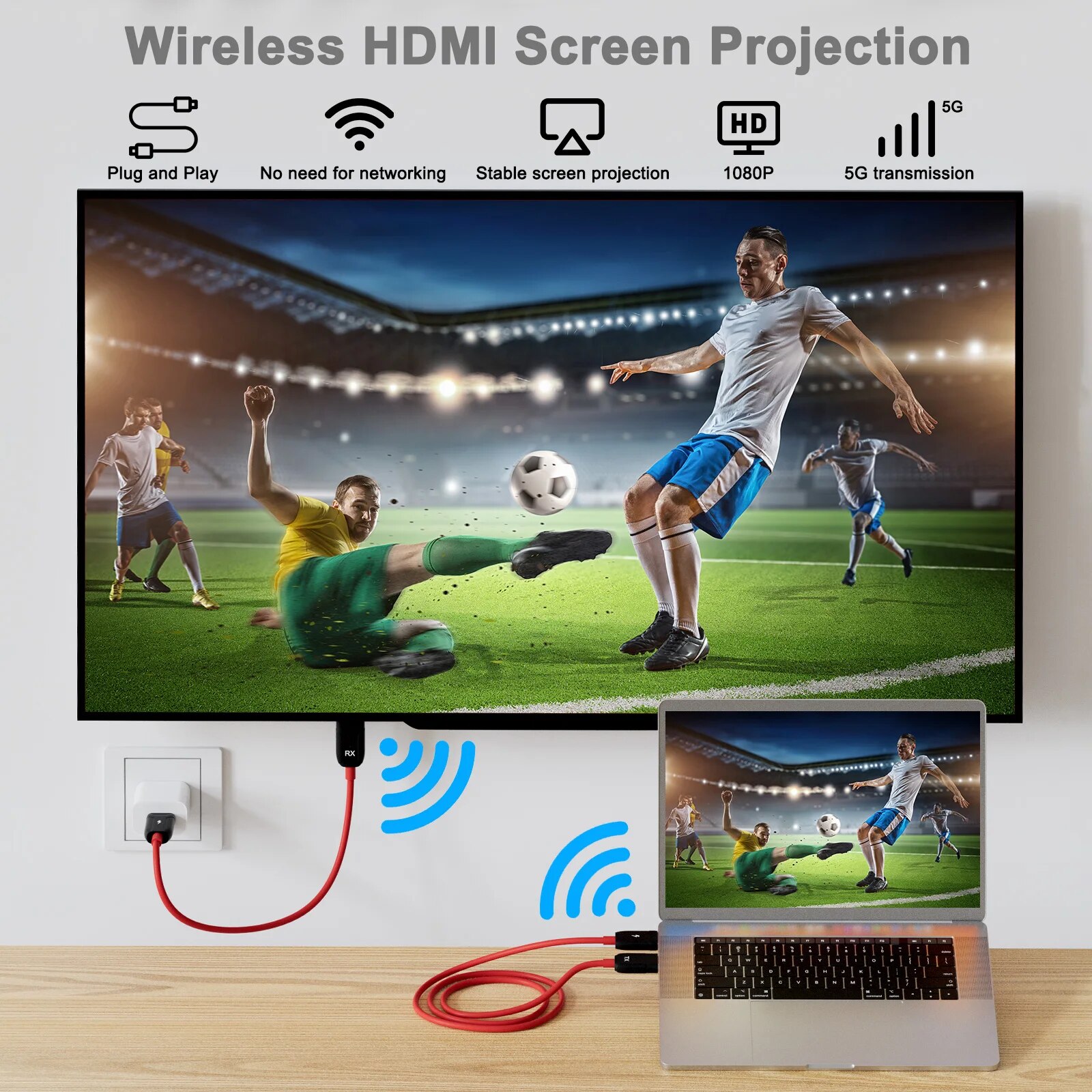 Wireless HDMI Transmitter and Receiver Cable 1080P Video/Audio 5G HDMI Wireless Extender for Laptop/Camera/Phone/Projector/TV. 