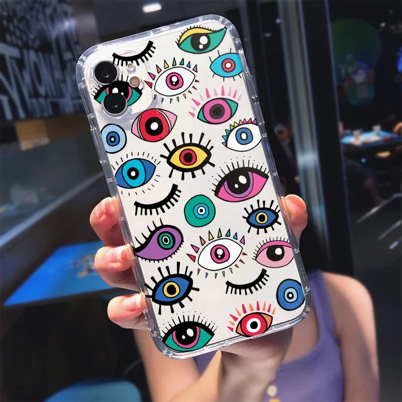 Turkish Lucky Blue Evil Eye Abstract Phone Case Transparent for IPhone 11 12 14 7 15 13 Pro X Max XR Plus Soft Shockproof Cover. 