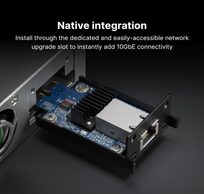 Synology Network Upgrade Module adds 1x 10GbE RJ-45 (E10G22-T1-Mini). 