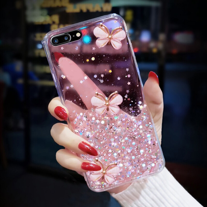 For 8 Plus/7 Plus back cover luxury 3D shiny rhinestone butterfly glitter sequins starry girl case clear soft TPU silicone protective mobile phone case. 