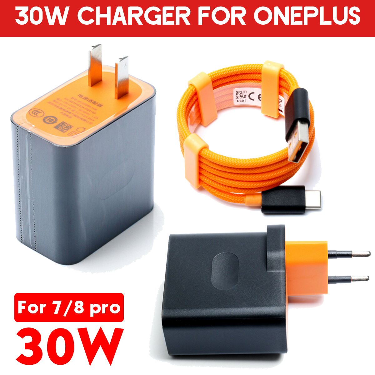 For OnePlus 8 8 Pro OnePlus 7 Pro 7T Pro OnePlus Nord CE 5G Nord N10 5G USB Warp Charger Mclaren Dash Fast Wall Charge Adapter 100cm Type-C Cable For OnePlus 1+ 3T/5/5T/6/6T/ 8 Pro 8T OnePlus 7T Pro 7 Pro. 