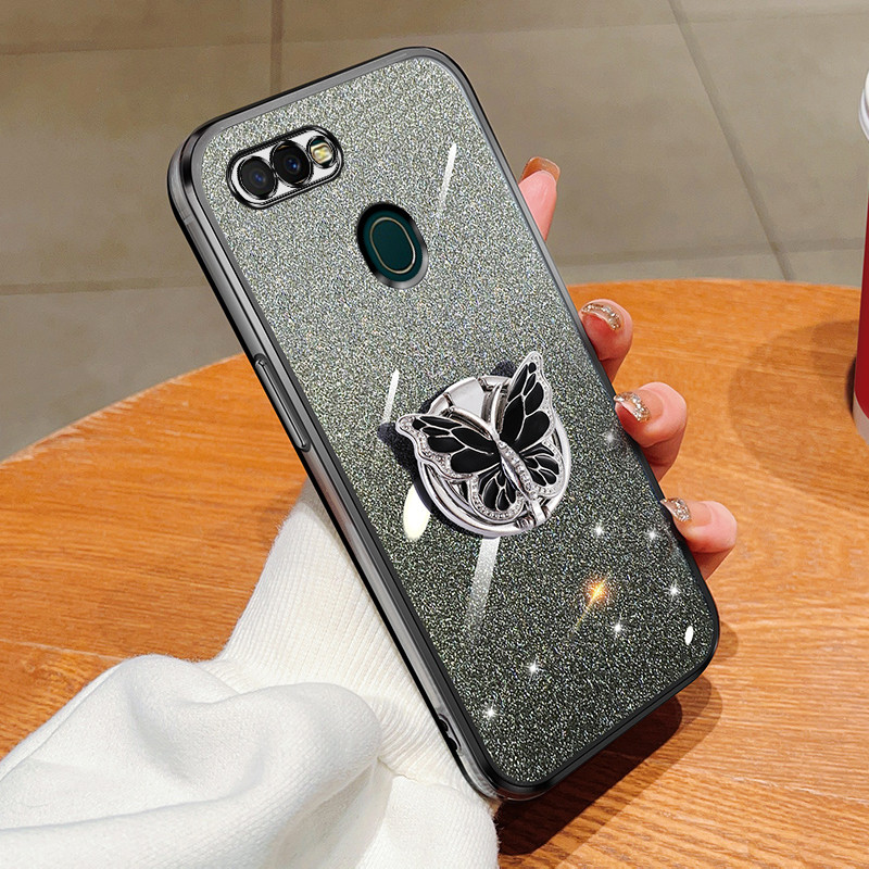 Back cover For Oppo A7 A5s A12 F5 F5 Youth F7 F9 F9 Pro A1k A12e A3s Realme 2 Pro C2 case Rhinestone butterfly Holder Bracket +Glitter Clear Soft TPU Patterned Back cover