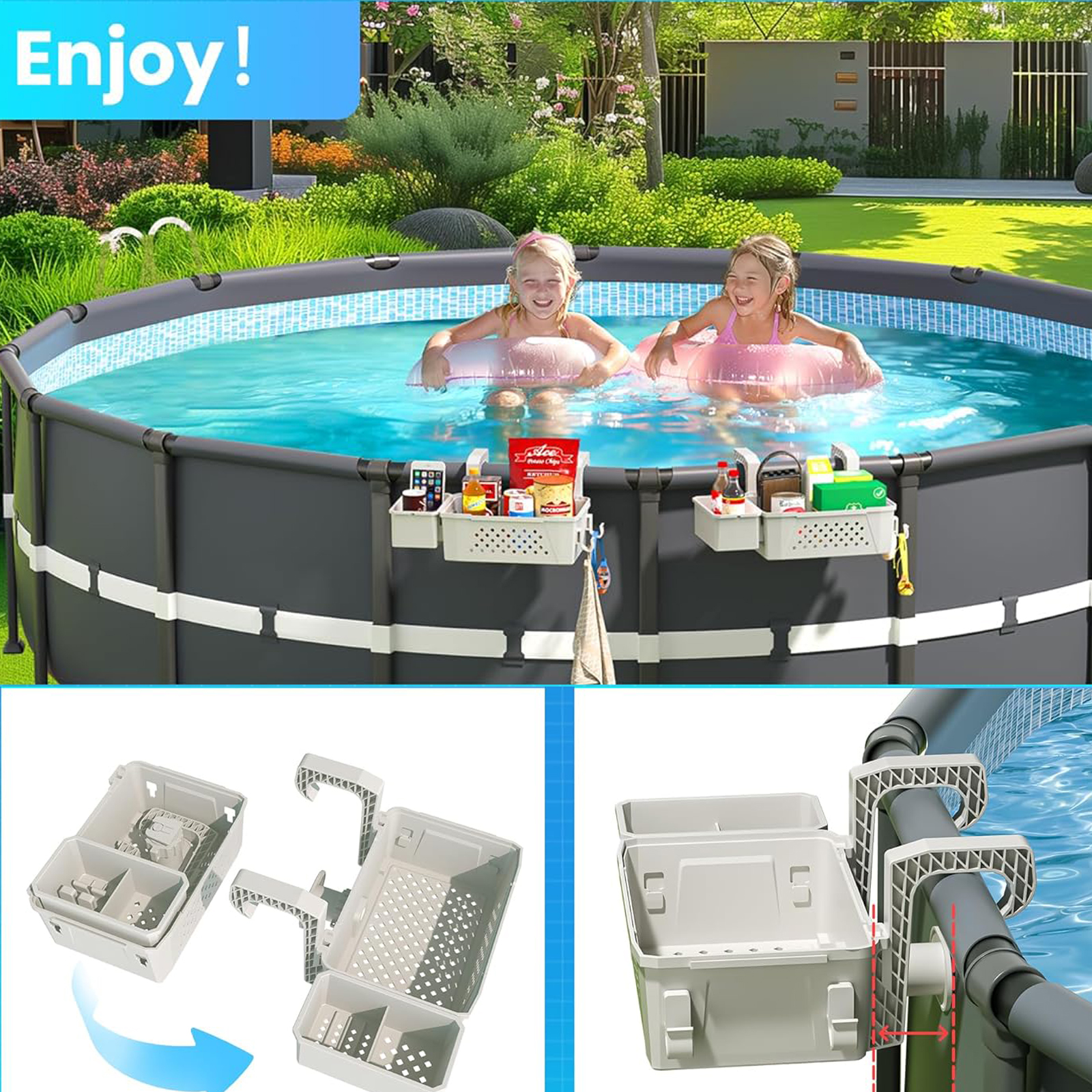 GC Poolside Storage Baskets For 3-Inch Or Smaller Top Rails, Swimming Pool Storage Basket With Cup Holders For Most Above Ground Pool. 