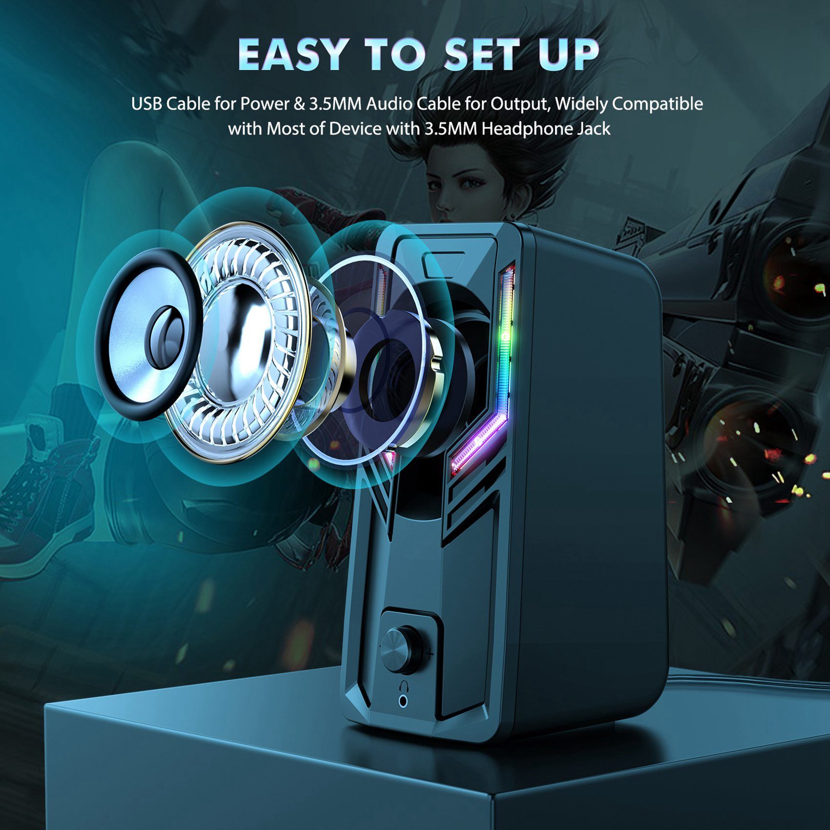 Computer Speakers 2.0 Stereo Volume Control with Rgb Lights USB Powered Gaming Speakers for Desktop/Phone/. 