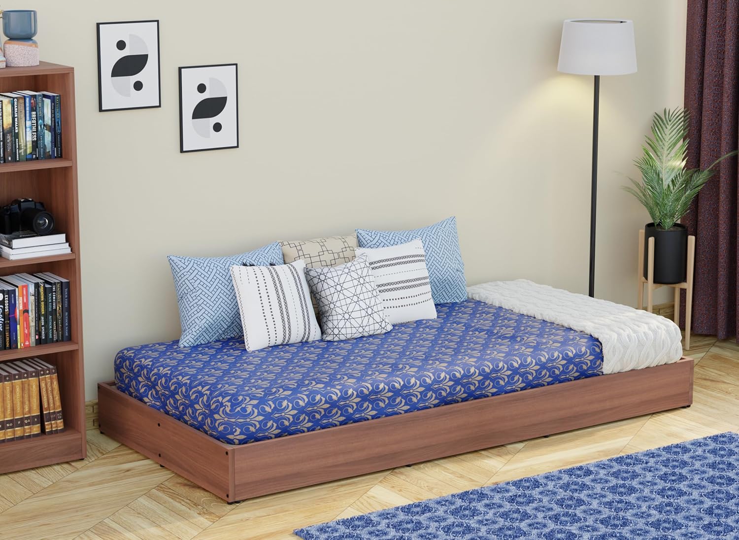 Nice Furniture Engineered Wood  Floor Bed/Cot/Diwan/Palang Storage for Living Room, Drawing Room & Bedroom |   Wooden Single & Double Floor Bed, Walnut Finish. 