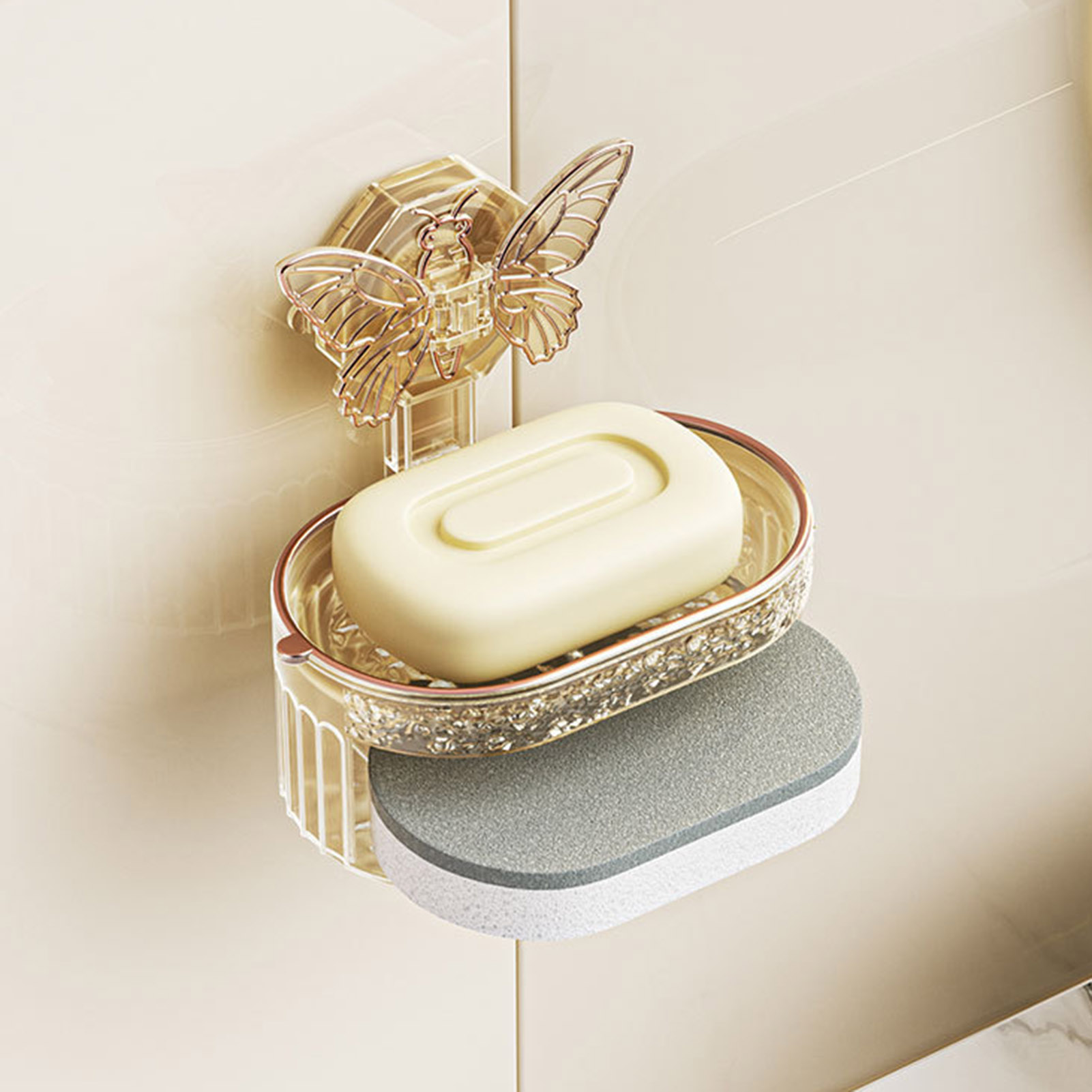 Butterfly Soap Dish Suction Cup Light Luxury Style No Water Accumulation Double-Layer Design Soap Box for Quick Drying. 