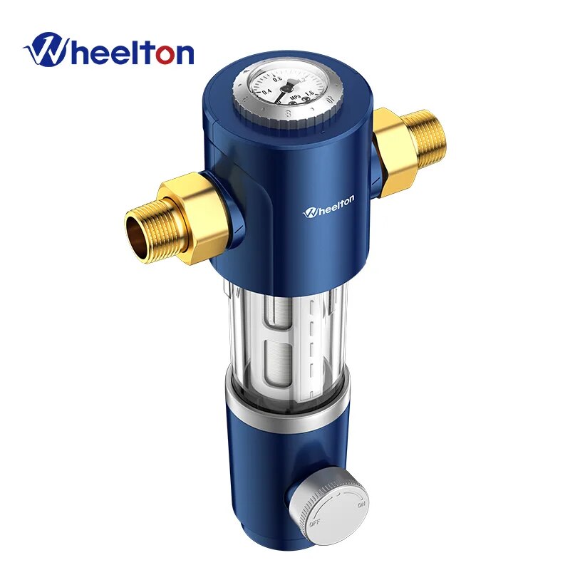 WHEELTON Auto-Rotated Flush Pre-Filter Backwash Spin Down Sediment Double-sided Scraper Whole House Filter System 1/2 3/4 1“