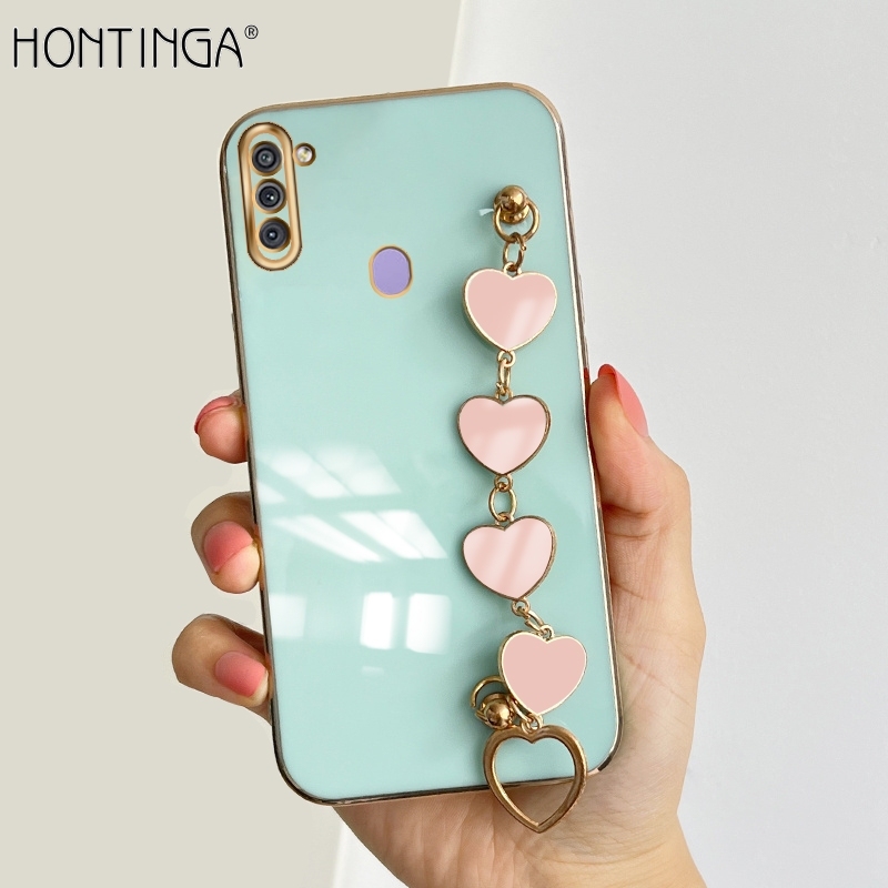 Hontinga for Samsung Galaxy A11 / M11 Back Cover With Pink Love Heart Bracelet Case Luxury 6D Plating Soft Silicone Phone Cases