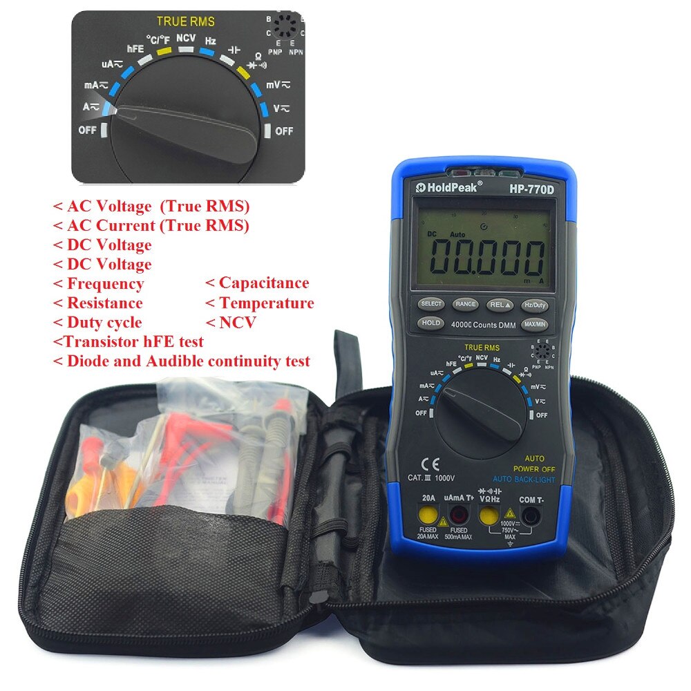 HoldPeak Digital Multimeter HP-770D High-Accuracy Auto Range True RMS 40000 Counts NCV DC Voltage Current Ohm Tester. 