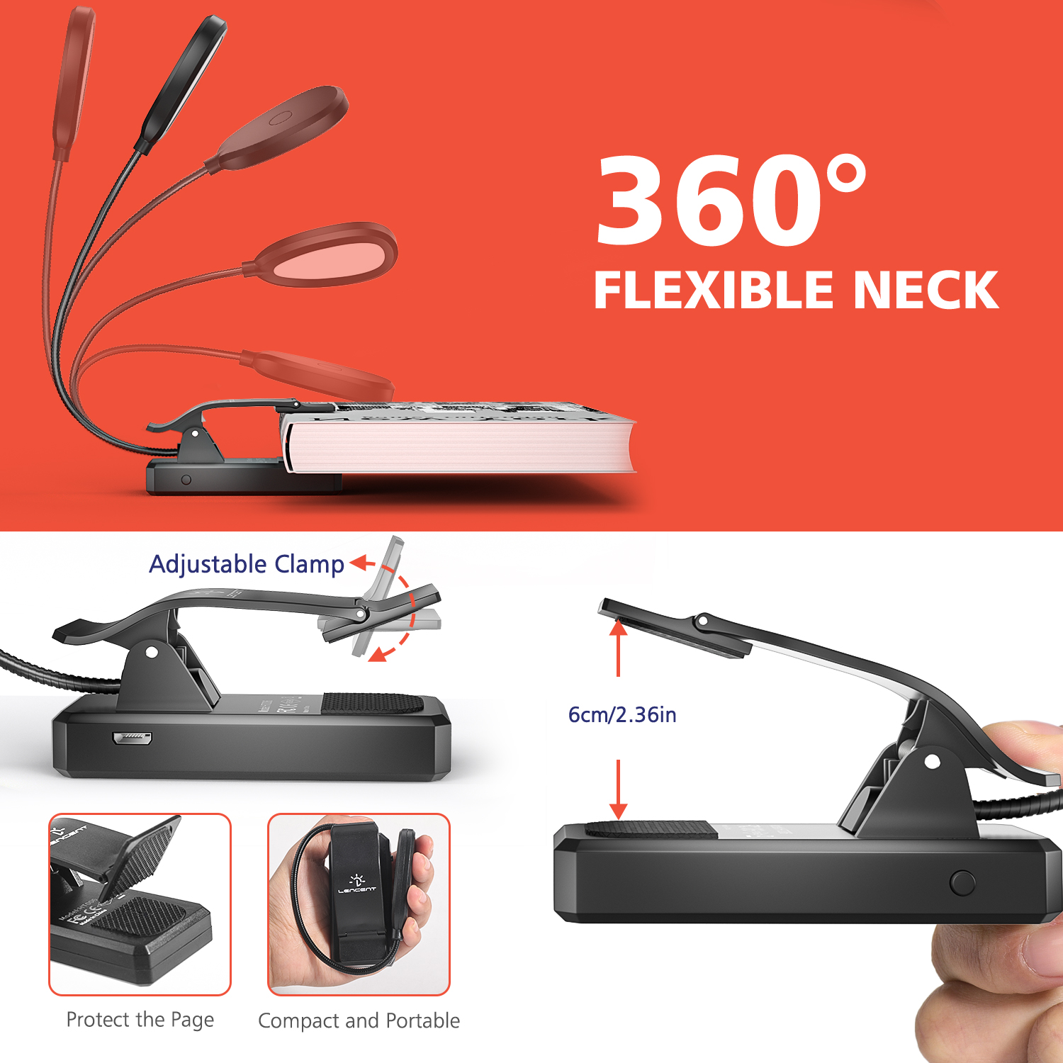 LENCENT Reading Light Amber Light Book Lamp with Blue Light Blocking Eye Care with Better Clip for Sleeping with Night Light USB Rechargeable for Electronic Reader Children Reading in Bed. 
