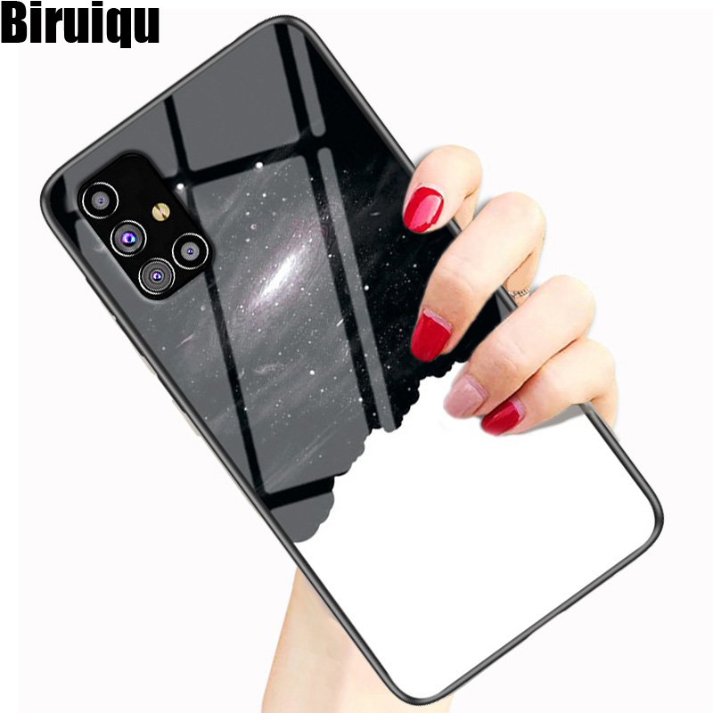 Biruiqu For Samsung Galaxy M31s Shockproof Starry Colorful Tempered Glass Back Soft Silicone Edge Case Cover