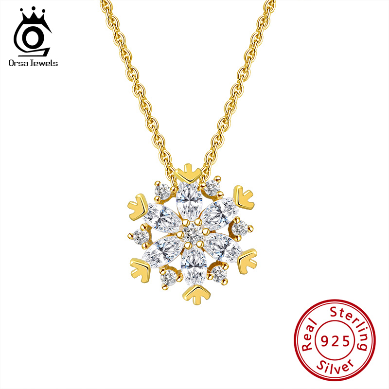 ORSA JEWELS Lucky Snowflake Necklace Long Chain Pendant Necklace with Clear Zircon 925 Silver Jewelry for Women Teen Girls HON04
