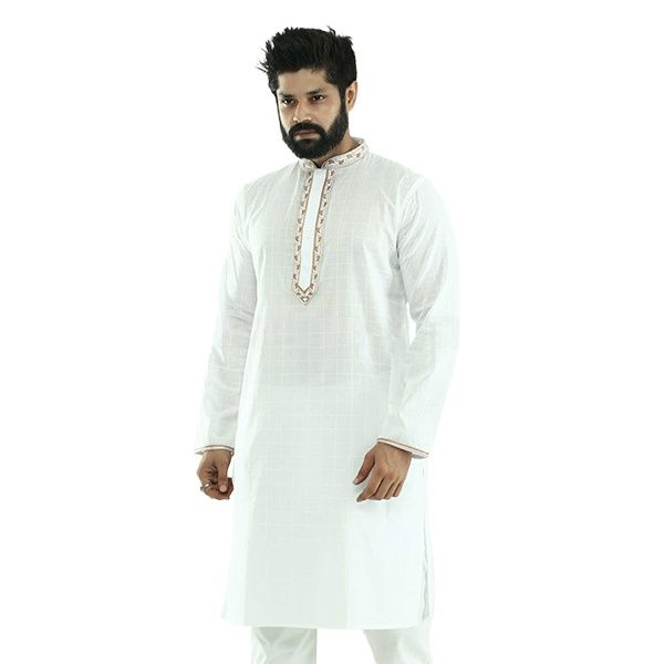 Premium white cotton panjabi with golden embroidery design for men | Indian chicken panjabi for men new collection 2024 | High quality soft cotton panjabi