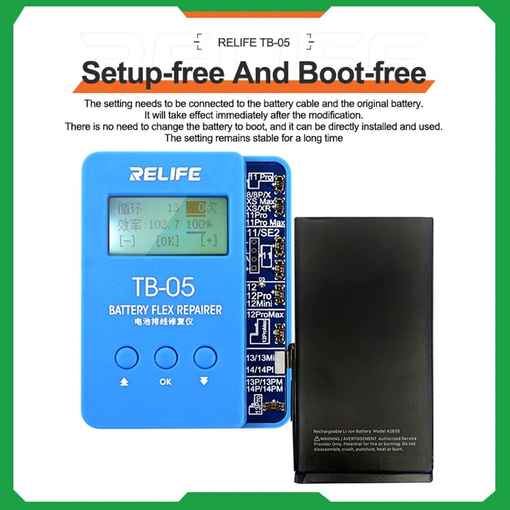 RELIFE TB-05 Battery Repair Programmer For iPhone XS 11 12 13 14 Pro Max Battery Flex Cable Data Cycles Recovery Instrument Tool. 