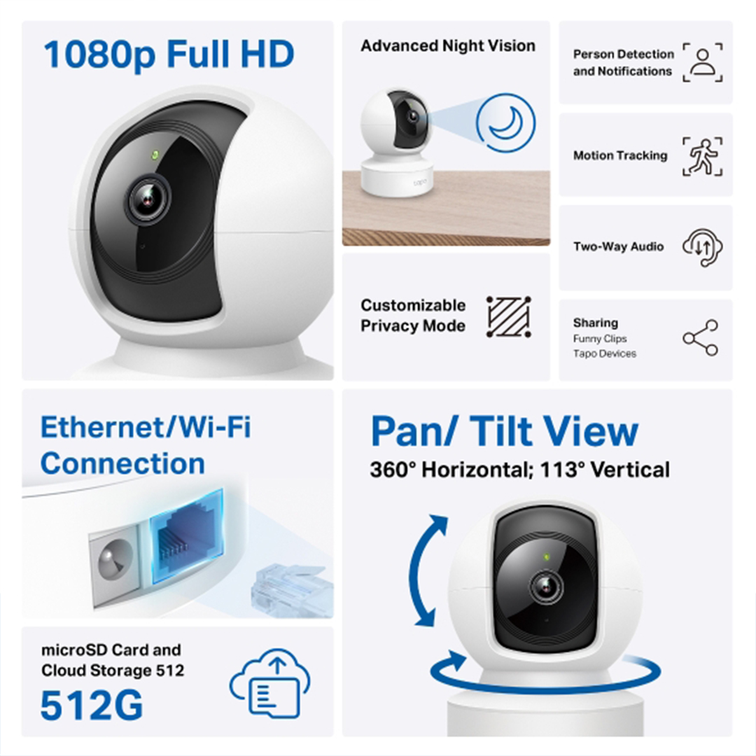 TP-Link Tapo C202 Internal Wi-Fi Camera, Ethernet Port, FHD Surveillance Camera, Night Vision, MicroSD up to 512GB, Two-Way Audio, 360° Visual