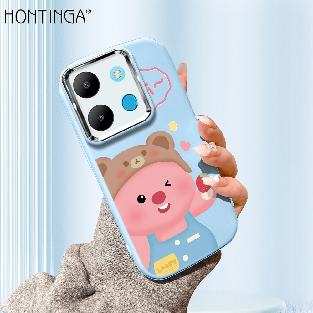 Hontinga for Infinix Smart 7 Tecno Spark Go 2023 Pop 7 Pro Back Cover Luxury Silver Edge Lens Cartoon Loopy Pattern Soft Liquid Silicone Phone Case