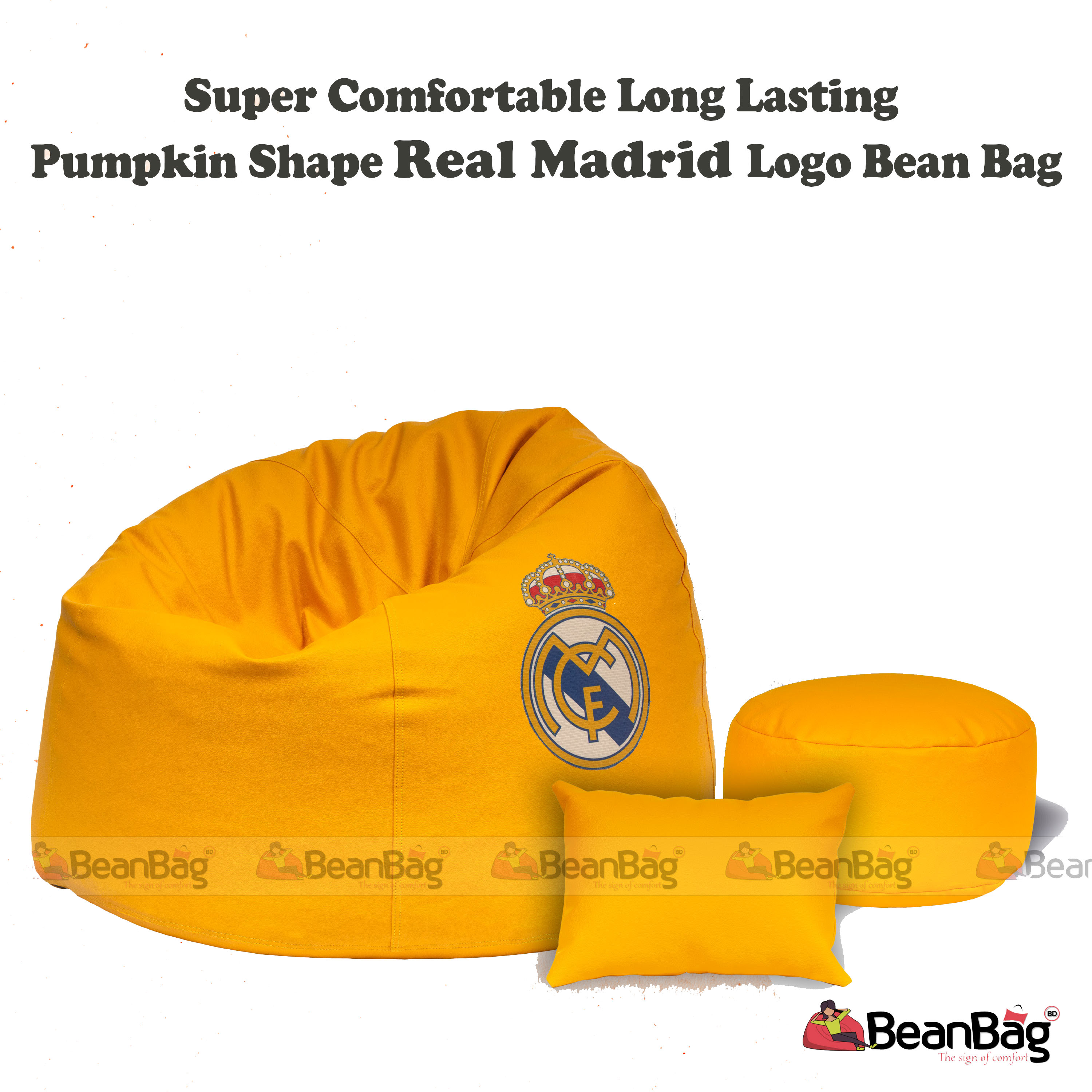 Bean Bag BD-XXL Size Round Shape with Real Madrid Logo_Yellow Color Bean Bag Full Set_ Bean Bag, Footrest_Pillow_Premium Quality