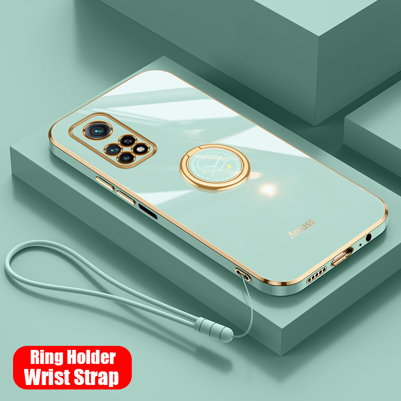 For Xiaomi Mi 10T / 10T Pro Back Cover with Ring Holder Stand + Wrist Strap Shiny Plating Square Bumper Protective Case Soft Silicone Shockproof Mobile Phone Cases. 