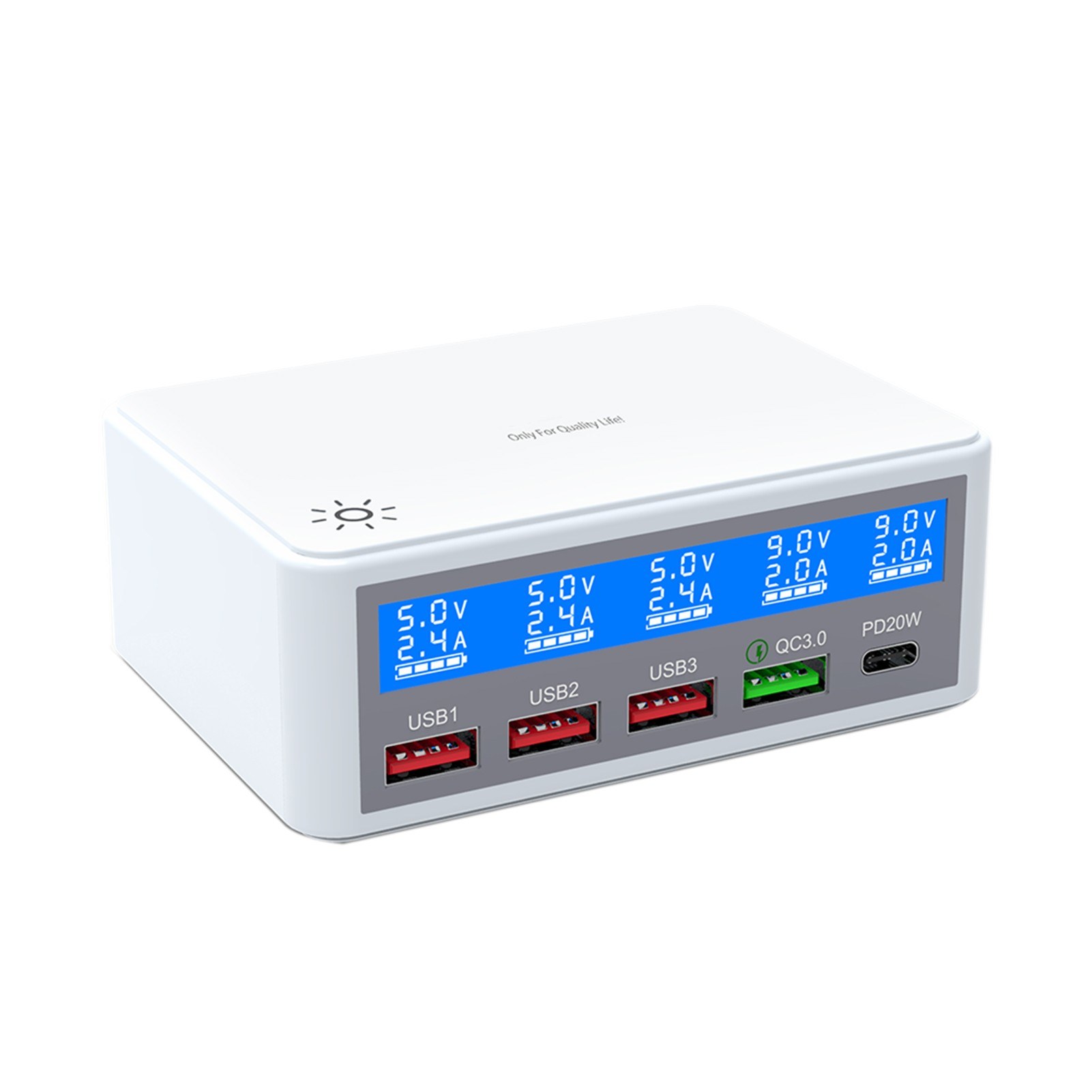 Multiple USB Charger 65W 5-Port USB Charging Stations with LCD Display PD 20W + QC3.0 Fast Charger Multi-Port USB Hub Charger for Smart Phones Tablet Earphone and More-eu