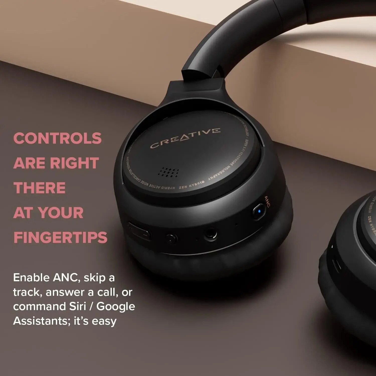 Creative Zen Hybrid Wireless Over-Ear Headphones with Hybrid Active Noise Cancellation Ambient Mode Built-in Mic Foldable. 