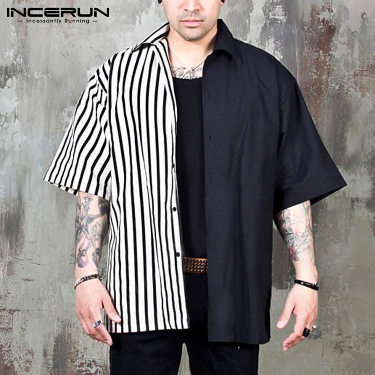 INCERUN Mens Patchwork Striped Collar Shirt Summer Beach Party Loose T Shirt Tops Tee
