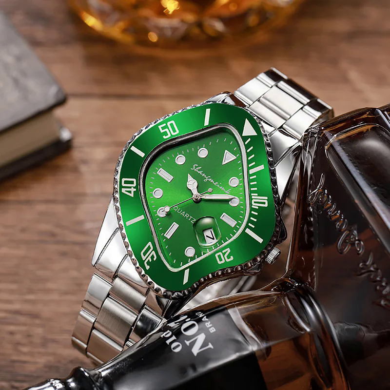 【NShisasN】Watch for Men Unusual Conceptual Crash Melting Twist Shaped Case Quartz Wristwatch Male Man Rhombic Green Clock Reloj Hombre. 