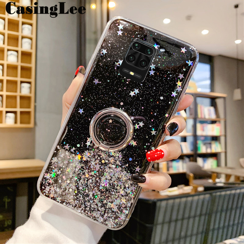 Casinglee for Redmi Note 9 Pro / Redmi Note 9 Pro Max case Shiny Ring Glitter Soft Transparent Holder Stand Back cover with String for Redmi Note9 Pro Max / Redmi Note9 Pro Phone cases cover Stars Moon Girls. 