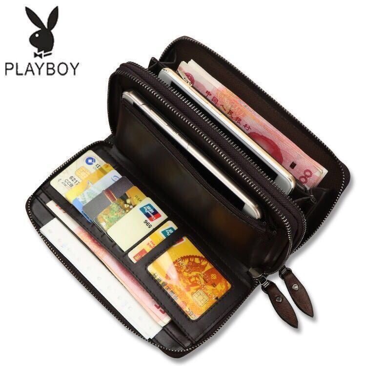 Playboy Men's Handbags Double-Layer Double Zipper Long Mobile Phone Bag Business Wallet Large C. 