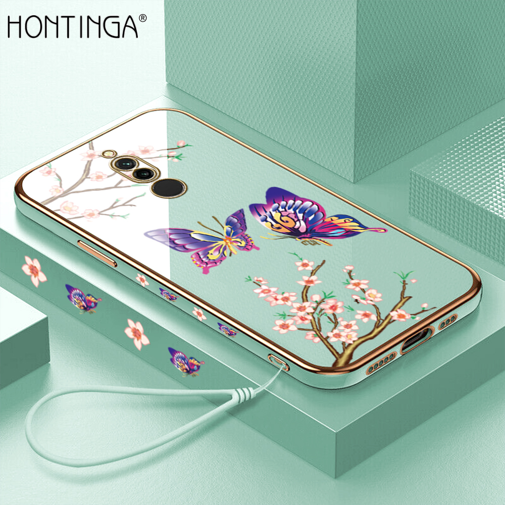 Hontinga for Redmi 8 Back Cover With Lanyard Luxury 6D Plating Shiny Pretty butterfly Case Soft Silicone Square Mobile Cover
