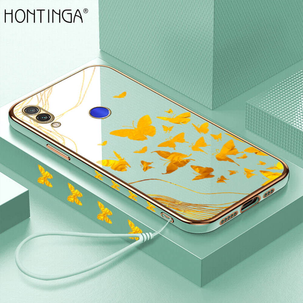 Hontinga for Redmi Note 7 / Note 7 Pro Back Cover With Lanyard Luxury 6D Plating Shiny Golden Butterfly Case Soft Silicone Square Mobile Cover