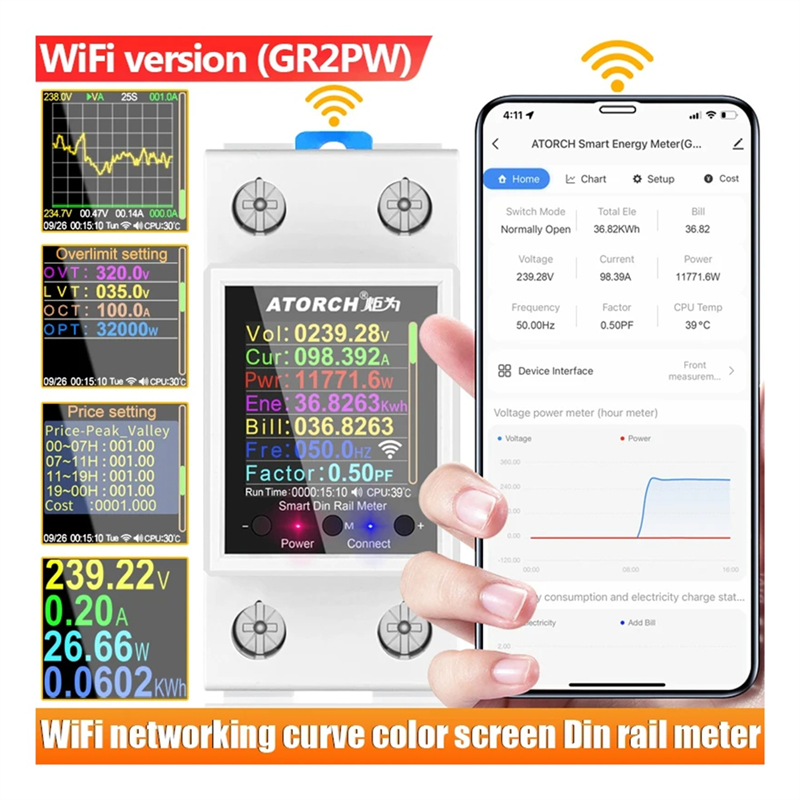 ATORCH GR2PWS Electricity Meter Tuya WiFi Rail Power Energy Meter AC50-320V Digital Display Monitor Voltage Curve Ammeter. 