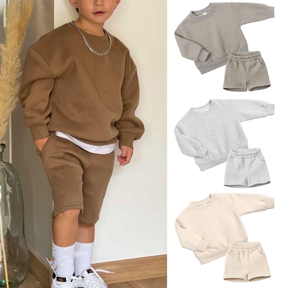 2023 Children Kids Fleece Autumn Outfits Clothes Solid Cotton Warm Sportswear Clothes Korean Style For Toddler Boys Girls Suit