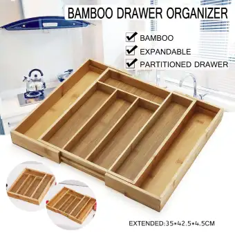 Bamboo Expandable Wooden Cutlery Tray Holder Tidy Retractable