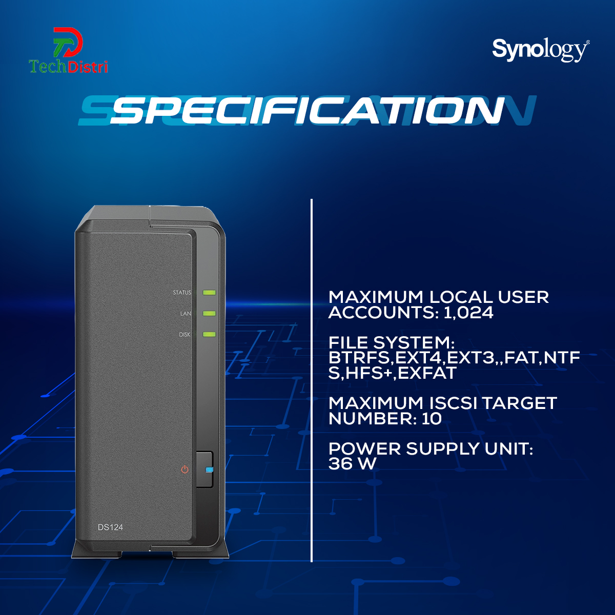 Synology DS124 NAS , 1-Bay DiskStation, Realtek RTD1619B , 64-bit, 4-core 1.7 GHz.. 