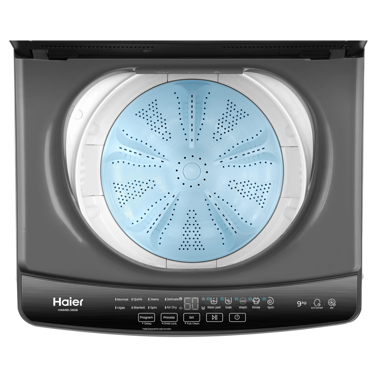 Haier 9 KG Top Loading Washing Machine/air dry/fresh air system/near zero water pressure/NZP (HWM90-316S6). 