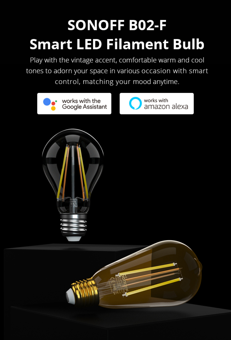 SONOFF B02-F A60/ ST64 Wifi Led Bulb Filament Smart Bulbs100-250V Night Light Warm White Lighting for Google Home Alexa. 