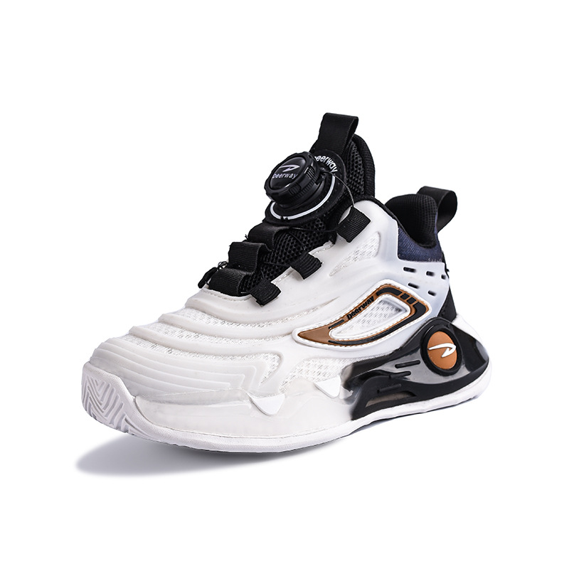 Deerway Children's Basketball Shoes 2023 Spring and Autumn New Luminous Rotating Button Mesh Breathable Sweat Absorbing Boy Shoes. 