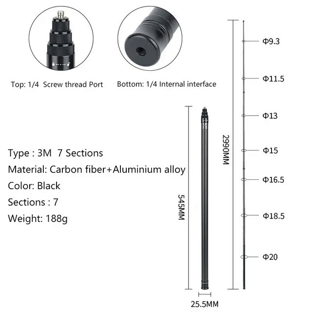 Invisible Selfie Stick For Insta360 X3/Action 3/Gopro Carbon Fiber 3M Invisible Extended Edition Selfie Stick Cameras Accessory. 