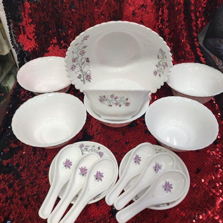 15 Pcs Pyrex Opal Glassware White Oven Save Dinner Soup Set.White Art Printed,Firni Set